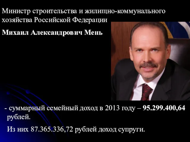 суммарный семейный доход в 2013 году – 95.299.400,64 рублей. Из