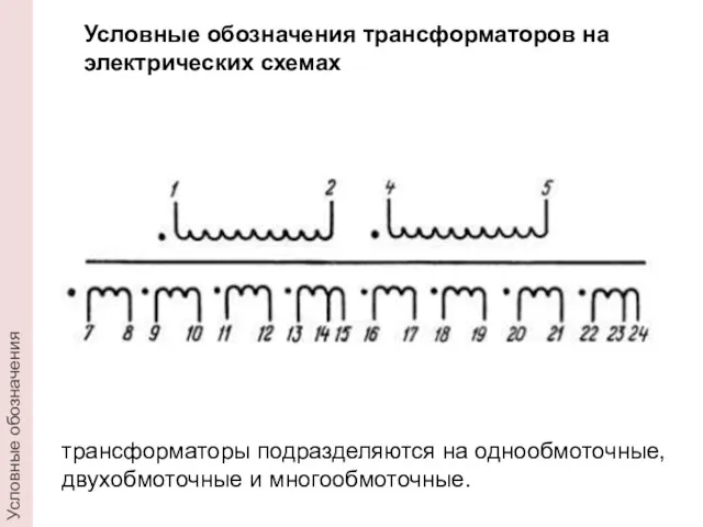 трансформаторы подразделяются на однообмоточные, двухобмоточные и многообмоточные. Условные обозначения трансформаторов на электрических схемах Условные обозначения