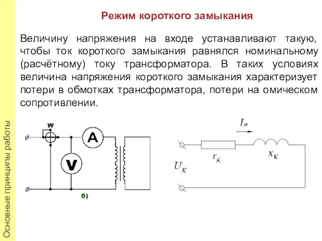 Режим короткого замыкания Величину напряжения на входе устанавливают такую, чтобы