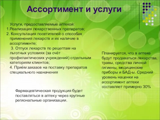 Ассортимент и услуги Планируется, что в аптеке будут продаваться лекарства,