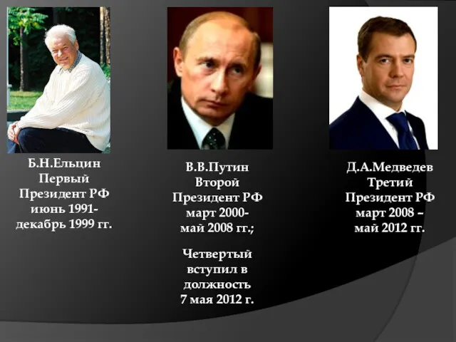 Б.Н.Ельцин Первый Президент РФ июнь 1991-декабрь 1999 гг. В.В.Путин Второй