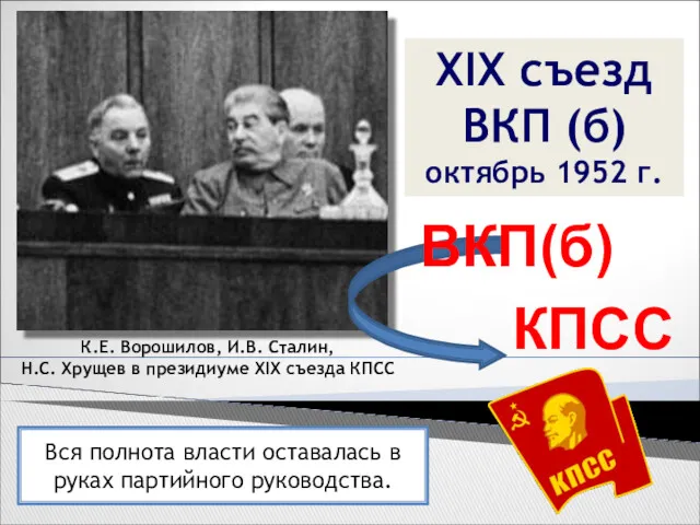 XIX съезд ВКП (б) октябрь 1952 г. КПСС К.Е. Ворошилов,