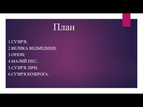 План 1.СУЗІР'Я; 2.ВЕЛИКА ВЕДМЕДИЦЯ; 3.ОРІОН; 4.МАЛИЙ ПЕС; 5.СУЗІР'Я ЛІРИ; 6.СУЗІР'Я КОЗЕРОГА.