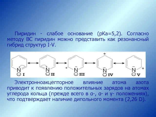 Пиридин - слабое основание (рКа=5,2). Согласно методу ВС пиридин можно