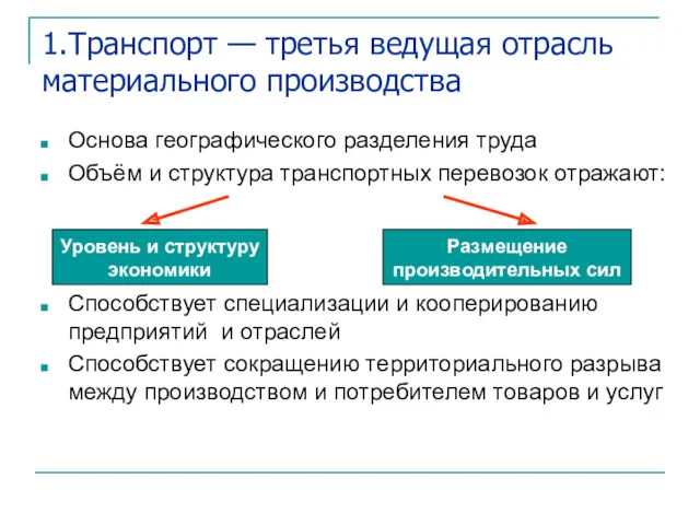 1.Транспорт — третья ведущая отрасль материального производства Основа географического разделения