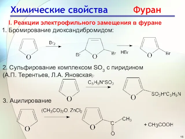 Химические свойства Фуран I. Реакции электрофильного замещения в фуране 1.