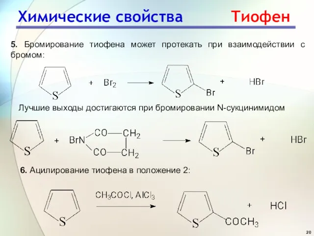 Химические свойства Тиофен 5. Бромирование тиофена может протекать при взаимодействии