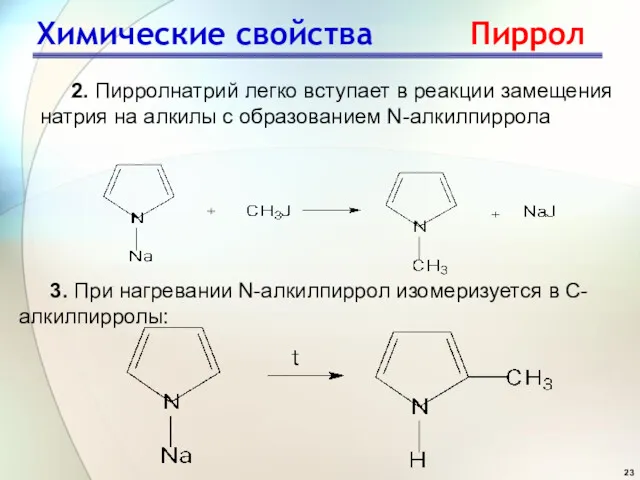 Химические свойства Пиррол 2. Пирролнатрий легко вступает в реакции замещения