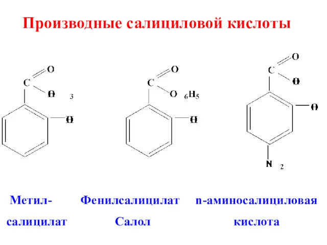 Метил- Фенилсалицилат n-аминосалициловая салицилат Салол кислота Производные салициловой кислоты