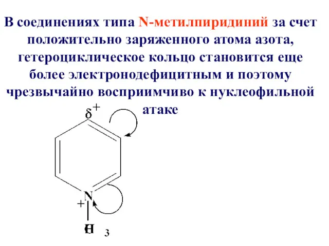 В соединениях типа N-метилпиридиний за счет положительно заряженного атома азота,