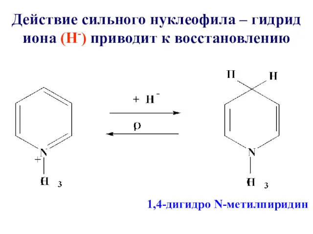 Действие сильного нуклеофила – гидрид иона (Н-) приводит к восстановлению 1,4-дигидро N-метилпиридин