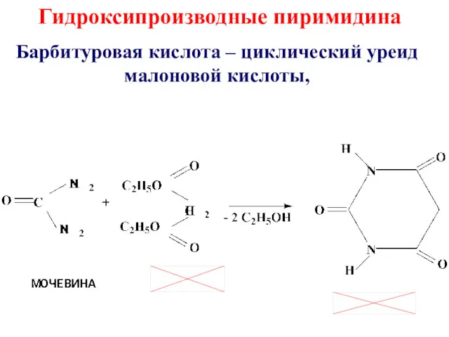 Гидроксипроизводные пиримидина Барбитуровая кислота – циклический уреид малоновой кислоты,