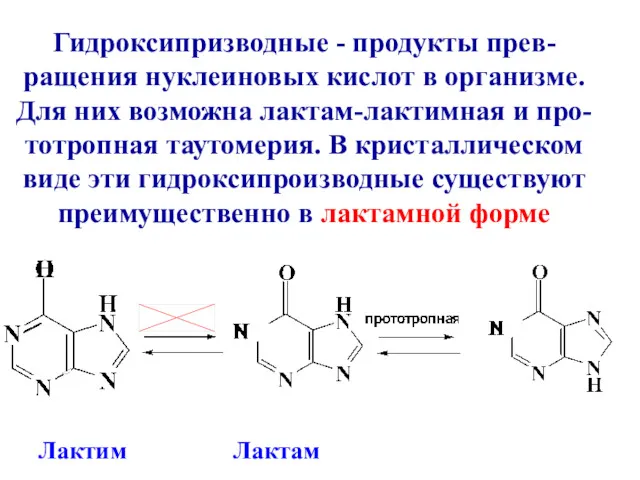 Гидроксипризводные - продукты прев-ращения нуклеиновых кислот в организме. Для них