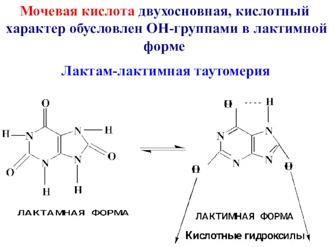 Мочевая кислота двухосновная, кислотный характер обусловлен ОН-группами в лактимной форме Лактам-лактимная таутомерия