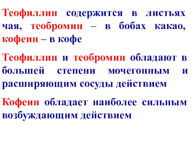 Теофиллин содержится в листьях чая, теобромин – в бобах какао,