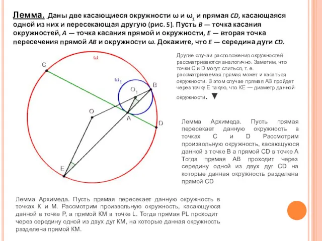 Лемма. Даны две касающиеся окружности ω и ω1 и прямая CD, касающаяся одной