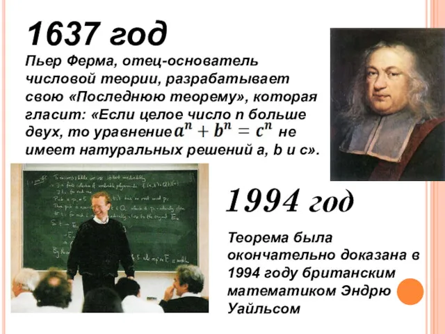1637 год Пьер Ферма, отец-основатель числовой теории, разрабатывает свою «Последнюю теорему», которая гласит: