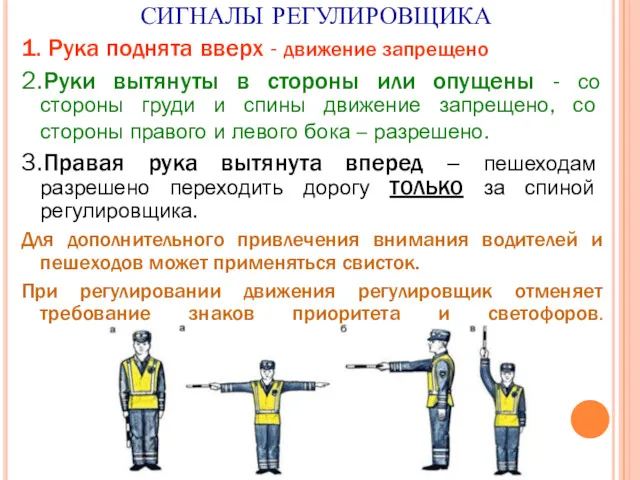 СИГНАЛЫ РЕГУЛИРОВЩИКА 1. Рука поднята вверх - движение запрещено 2.Руки