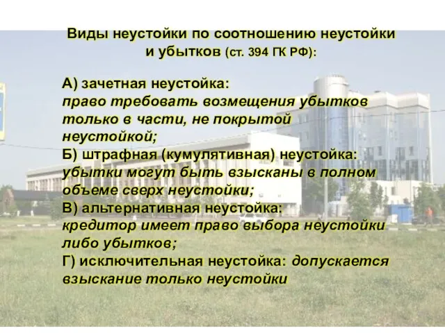 Виды неустойки по соотношению неустойки и убытков (ст. 394 ГК