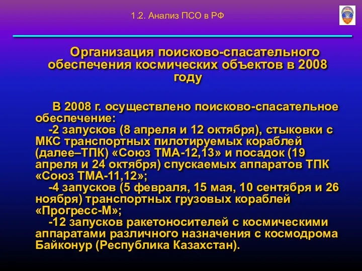 Организация поисково-спасательного обеспечения космических объектов в 2008 году В 2008