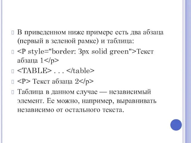 В приведенном ниже примере есть два абзаца (первый в зеленой