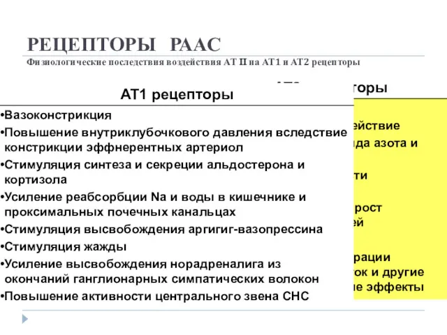 РЕЦЕПТОРЫ РААС Физиологические последствия воздействия АТ II на АТ1 и АТ2 рецепторы