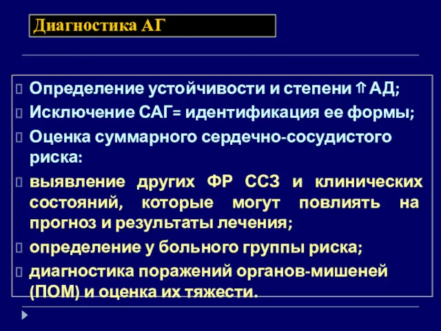 Диагностика АГ Определение устойчивости и степени ⇑ АД; Исключение САГ=