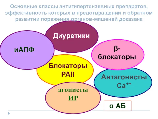 Диуретики Антагонисты Са++ β- блокаторы Блокаторы РАII Основные классы антигипертензивных