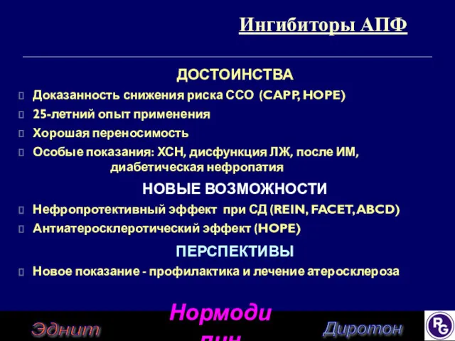 Ингибиторы АПФ ДОСТОИНСТВА Доказанность снижения риска ССО (CAPP, HOPE) 25-летний