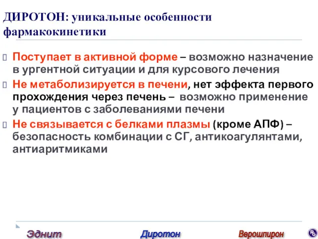 ДИРОТОН: уникальные особенности фармакокинетики Поступает в активной форме – возможно