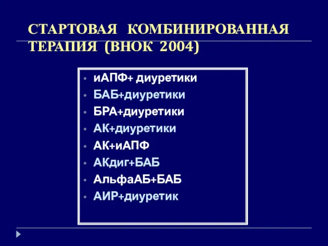 СТАРТОВАЯ КОМБИНИРОВАННАЯ ТЕРАПИЯ (ВНОК 2004) иАПФ+ диуретики БАБ+диуретики БРА+диуретики АК+диуретики АК+иАПФ АКдиг+БАБ АльфаАБ+БАБ АИР+диуретик