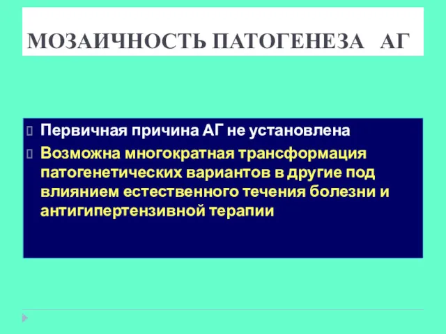 МОЗАИЧНОСТЬ ПАТОГЕНЕЗА АГ Первичная причина АГ не установлена Возможна многократная