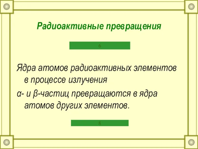 Радиоактивные превращения Ядра атомов радиоактивных элементов в процессе излучения α-