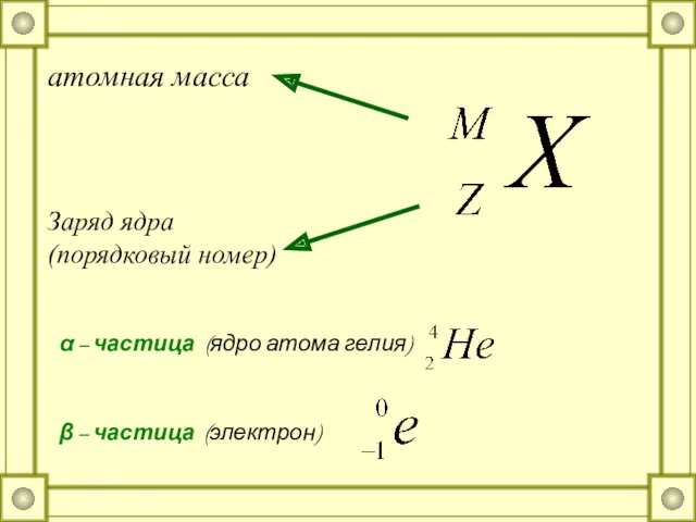 α – частица (ядро атома гелия) β – частица (электрон) атомная масса Заряд ядра (порядковый номер)