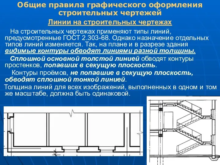 На строительных чертежах применяют типы линий, предусмотренные ГОСТ 2.303-68. Однако