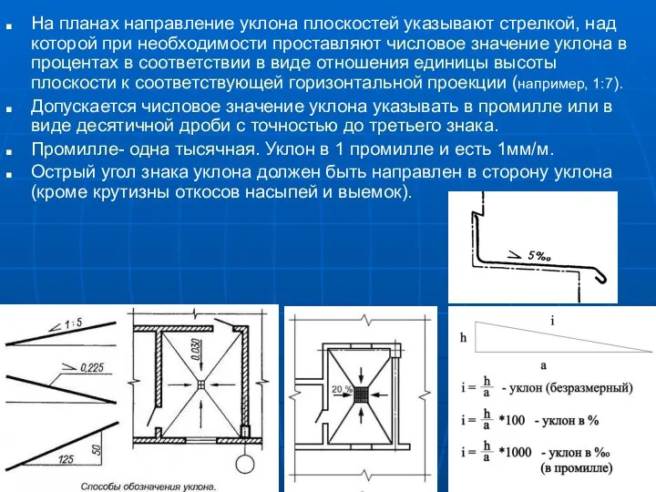 На планах направление уклона плоскостей указывают стрелкой, над которой при