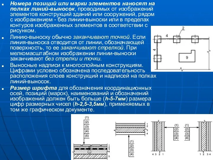 Номера позиций или марки элементов наносят на полках линий-выносок, проводимых