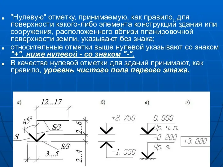 "Нулевую" отметку, принимаемую, как правило, для поверхности какого-либо элемента конструкций