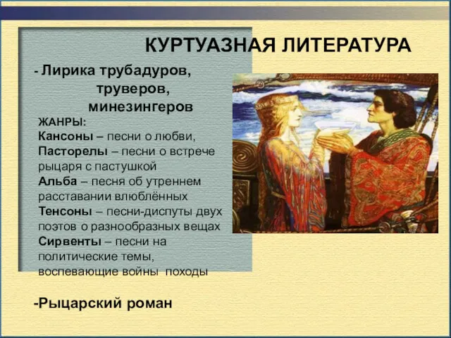 КУРТУАЗНАЯ ЛИТЕРАТУРА Лирика трубадуров, труверов, минезингеров ЖАНРЫ: Кансоны – песни