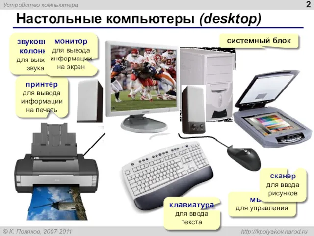 Настольные компьютеры (desktop) системный блок звуковые колонки для вывода звука