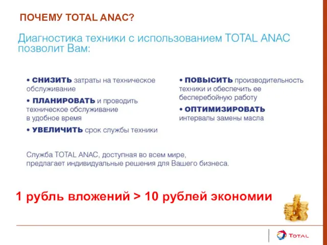 ПОЧЕМУ TOTAL ANAC? 1 рубль вложений > 10 рублей экономии