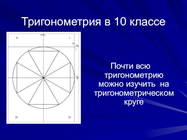 Тригонометрия в 10 классе Почти всю тригонометрию можно изучить на тригонометрическом круге