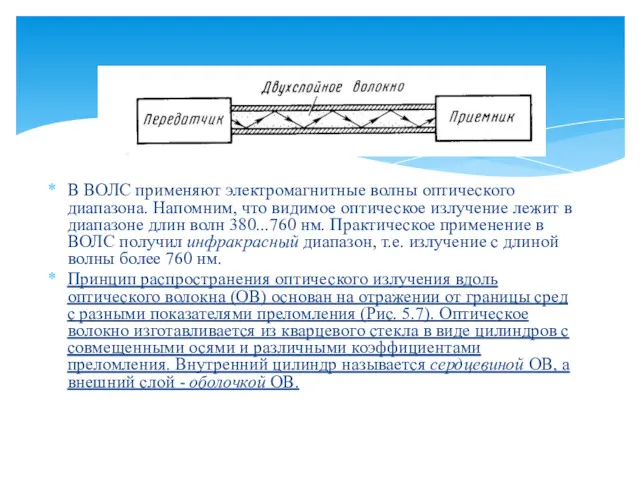 В ВОЛС применяют электромагнитные волны оптического диапазона. Напомним, что видимое