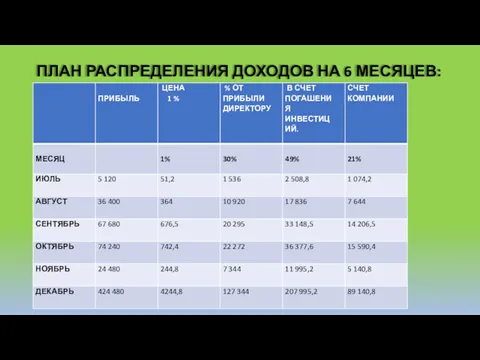 ПЛАН РАСПРЕДЕЛЕНИЯ ДОХОДОВ НА 6 МЕСЯЦЕВ: