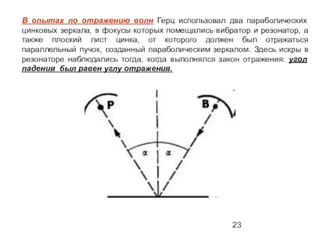 В опытах по отражению волн Герц использовал два параболических цинковых