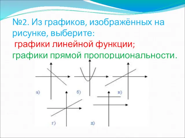 №2. Из графиков, изображённых на рисунке, выберите: графики линейной функции; графики прямой пропорциональности.