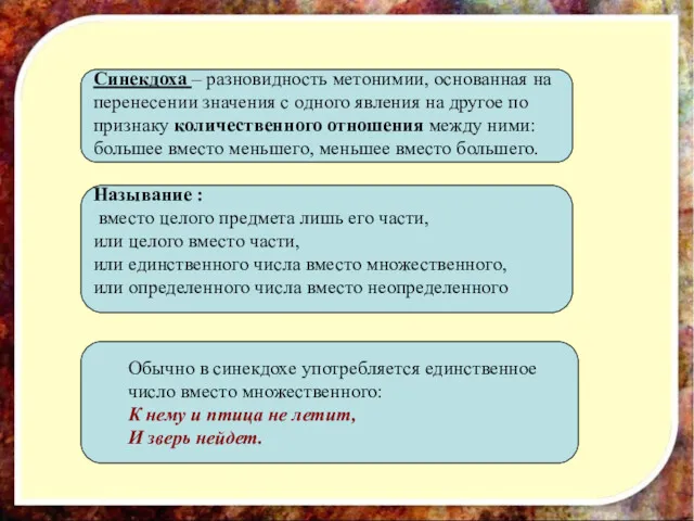 Синекдоха – разновидность метонимии, основанная на перенесении значения с одного