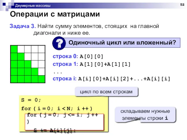 Двумерные массивы Операции с матрицами Задача 3. Найти сумму элементов, стоящих на главной