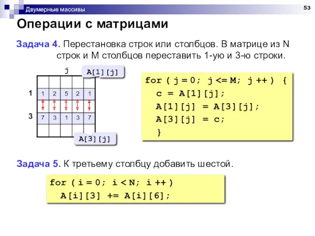 Двумерные массивы Операции с матрицами Задача 4. Перестановка строк или столбцов. В матрице