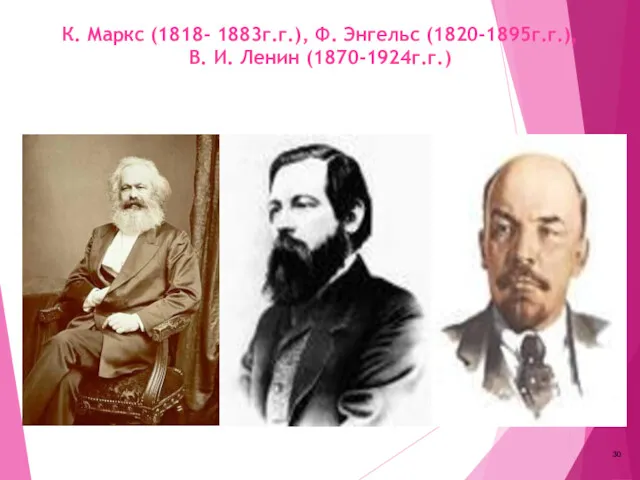 К. Маркс (1818- 1883г.г.), Ф. Энгельс (1820-1895г.г.), В. И. Ленин (1870-1924г.г.)